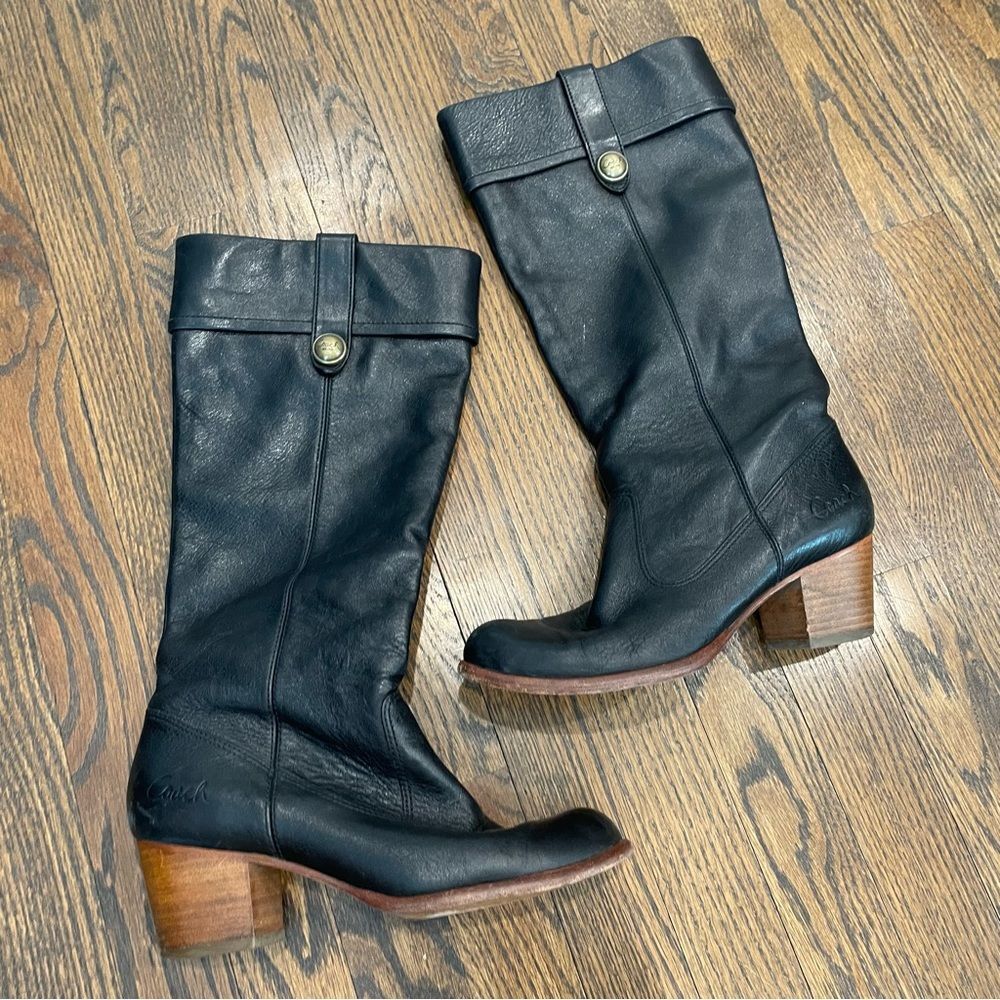 COACH Fayth Tall Black Leather Heeled Boots - Picture 2 of 8